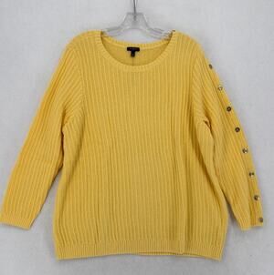 Talbots Bright Yellow Button Sleeve Ribbed Crew Neck Sweater Sz 2X NEW